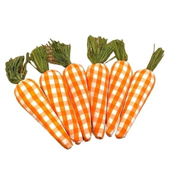 Easter Decor 6 Orange and White Gingham Check Carrots New - Picture 1 of 1